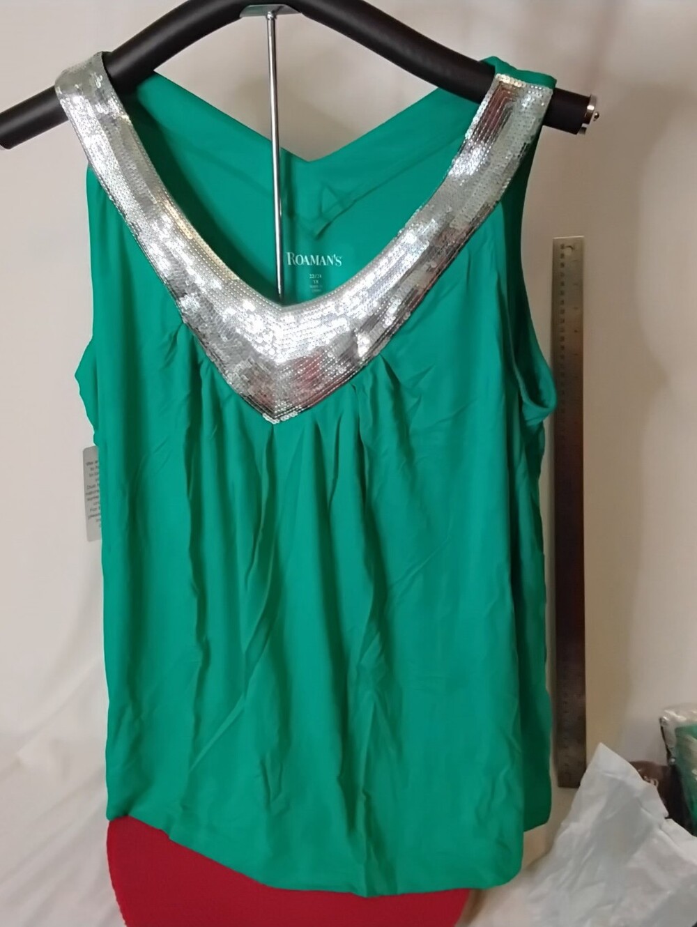 Roaman's Teal V-Neck Tank/tunic with Silver Sequin Trim